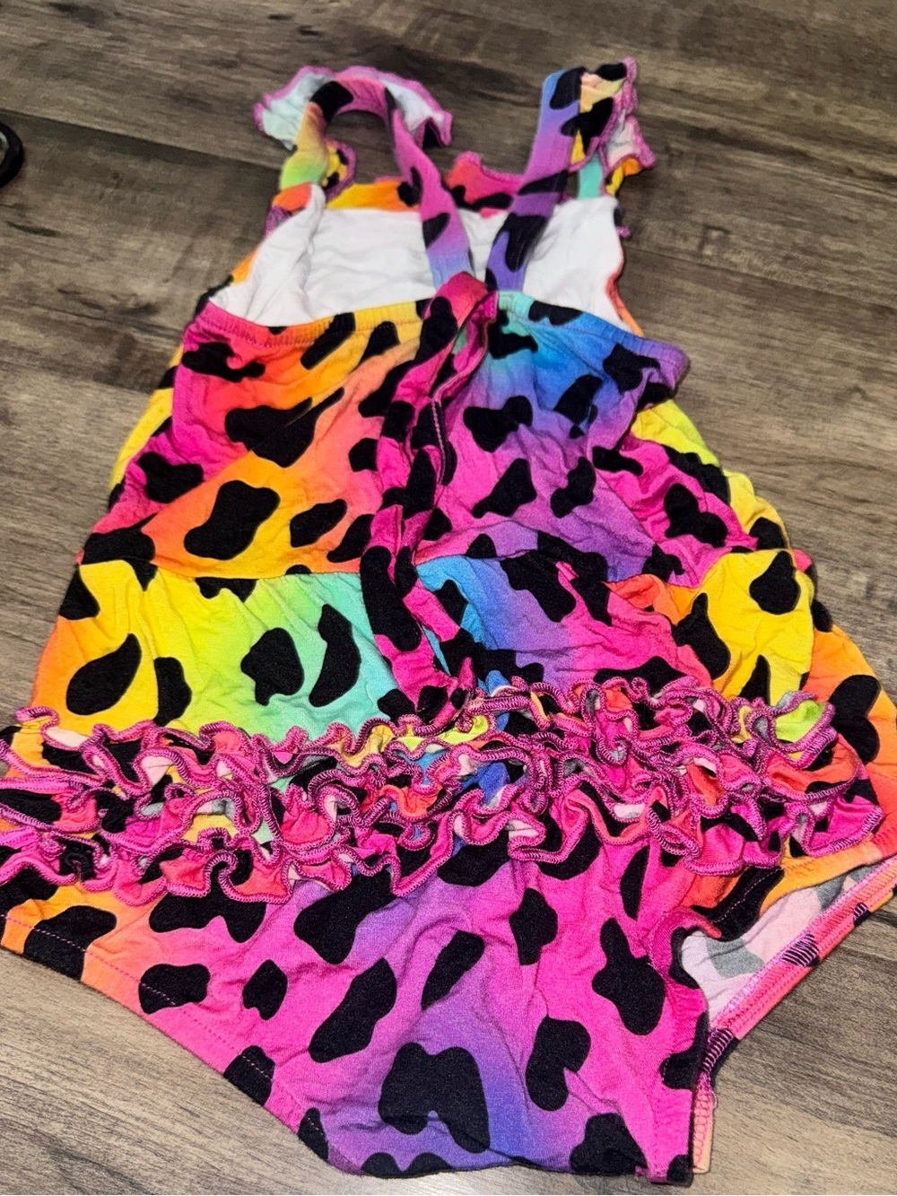 Bums & Roses Bamboo Ruffle Butt Romper Rainbow Leopard 2T - Picture 8 of 8
